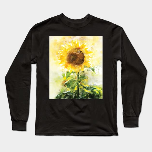 SunFlower Watercolor Long Sleeve T-Shirt by pavelrmata